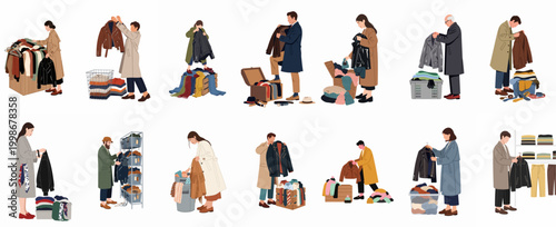 Flat illustration set of people organizing, shopping, or sorting through autumn and winter clothing, including coats, jackets, sweaters, and accessories.