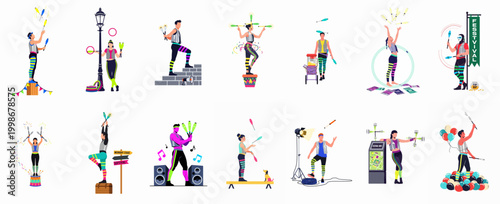 Collection of various street performers and jugglers in colorful outfits entertaining at a festival or circus event, shown in flat vector style.