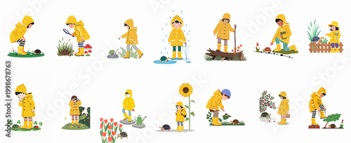 Collection of illustrations featuring children in yellow raincoats exploring nature and interacting with turtles in various outdoor settings.