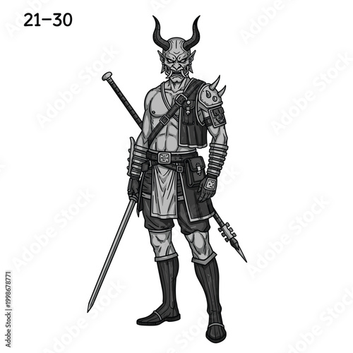 Fantasy creature with horns and sword.
