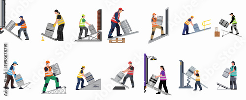 Illustrations of warehouse workers and delivery drivers manually loading and unloading beer kegs using ramps in various logistics scenarios.