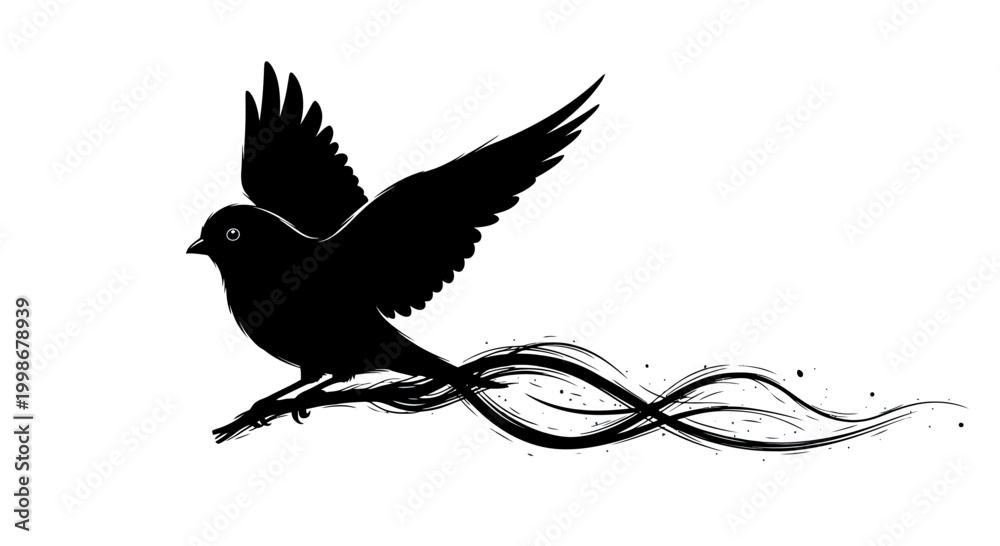 Naklejka premium Silhouette of a bird mid-flight with abstract flowing tail