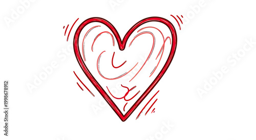 Red heart with swirling lines inside and radiating lines outside on white
