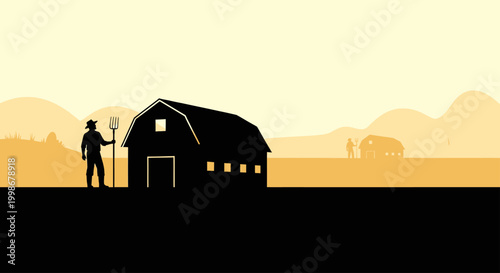 Silhouette of a farmer with a pitchfork by a barn, farms in distance