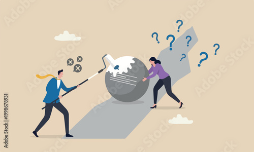 Right speak boulder mountain peak opinion, government and politics concept, mystery man using paint removing or censor woman speech bubble