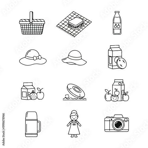 A collection of twelve hand-drawn line-art icons featuring picnic essentials like a basket, sandwich, hats, drinks, fruit, camera, and thermos.