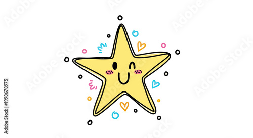 A cheerful yellow star with rosy cheeks winks beside scattered colorful shapes