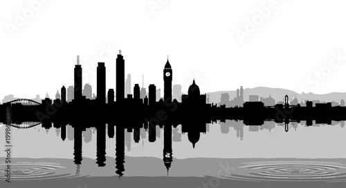 Monochrome city skyline with diverse architectural silhouettes reflected on water