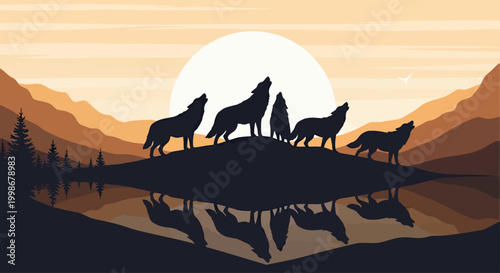 Silhouetted wolves howl at a large sun over reflective water