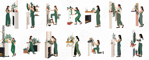 Set of Illustrations Featuring a Woman in a Green Jumpsuit Decorating Various Fireplace Mantels with Festive Christmas Greenery and Holiday Decor