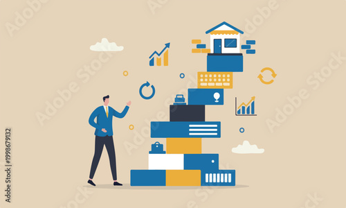 Build up business improve, extension concept, ambitious businessman build up store on top of company stack