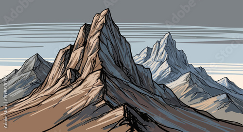 Jagged mountain peaks pierce a muted sky, rendered in a distinct, stylized manner
