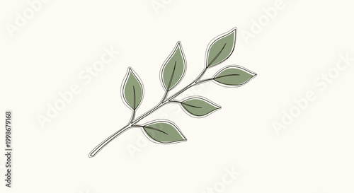 Minimalist depiction of a branch with five delicate green leaves on a cream background
