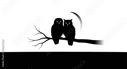 Two silhouettes of owls perched on a branch against a crescent moon