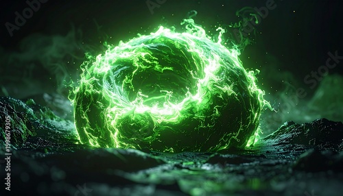 Glowing Green Energy Orb: An ethereal green energy orb pulsates with vibrant power above an unknown surface, exuding an aura of mystery and raw force.