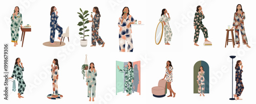 Minimalist illustration set of women in patterned pajamas practicing self-care and skincare routines with jade rollers in various home environments.