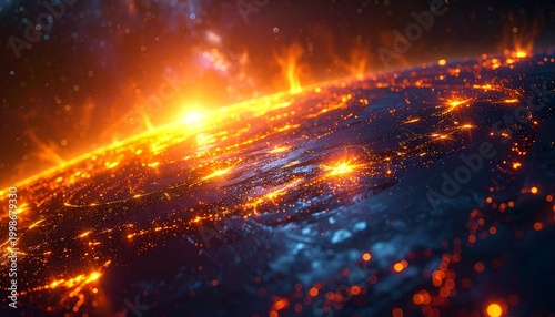 Celestial Sunrise: Witness the dawning of a new day as the sun crests the horizon, casting a vibrant glow upon the earth, showcasing the planet's magnificence.