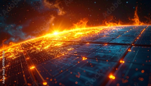 Digital World on Fire: A breathtaking digital art piece depicting a futuristic, grid-like cityscape engulfed in flames, offering a stark vision of a world transformed by technology. 