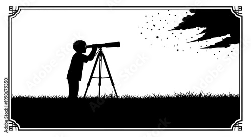 Child observing night sky with telescope, amidst grass and clouds