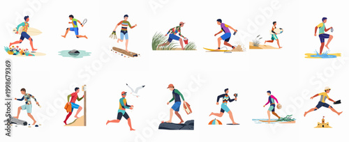 Diverse Collection of Men Engaged in Various Summer Beach Activities and Water Sports Vector Illustration