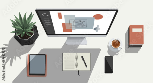 Modern workspace setup with digital tablet and notebook on white desk.
