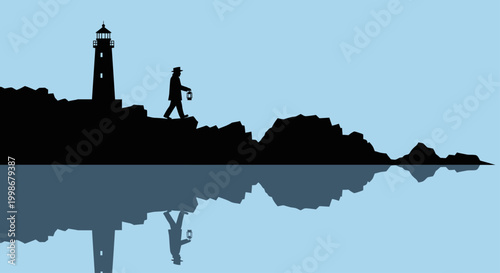 Silhouette of a lighthouse, man with lantern on rocky shore, reflected in water