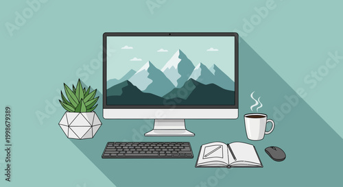 Minimalist workspace with computer, plant, coffee, and notebook on desk.