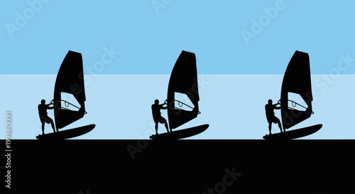 Three black silhouettes of windsurfers stand on boards against a light blue sky