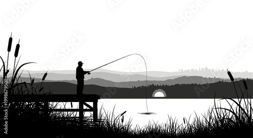 Silhouette of a person fishing from a wooden dock at sunrise