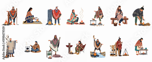 Collection of illustrations featuring indigenous people in traditional garments performing daily tasks, rituals, and crafting around campfires.