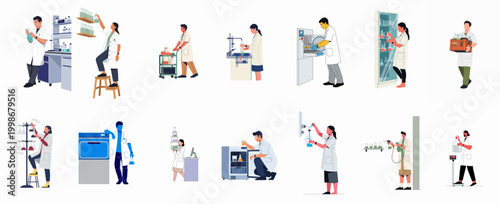 Diverse set of flat vector illustrations featuring laboratory scientists performing research, testing, and equipment handling tasks in a modern scientific lab environment.