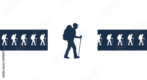 Silhouette hikers with backpacks and poles walk in single file