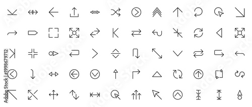Arrows icon set. Vector arrow collection featuring directional, navigation, and movement symbols like cursor, chevron, shuffle, refresh, expand, and transfer. Editable stroke.