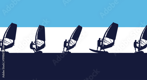 Five silhouetted windsurfers ride across a stylized seascape