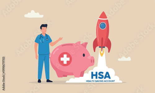Health saving, big red rocket financial plan saving for medical expense or medicare cost and benefits concept, doctor with stethoscope standing with huge pink piggy bank or coin bank with medical sign