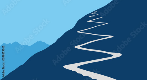 A stark, minimalist depiction of a zigzagging mountain path under a clear sky