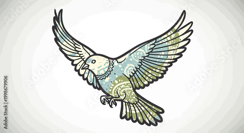 Stylized bird with ornate wings, mid-flight, against a gradient background