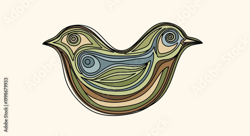 Stylized, two-headed bird formed by flowing, colorful lines on a cream background