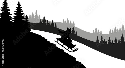Black silhouette of a child on a sled descending a snowy hill