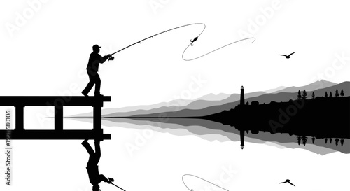 Silhouette of a person fishing from a pier, with a lighthouse and distant mountains reflected