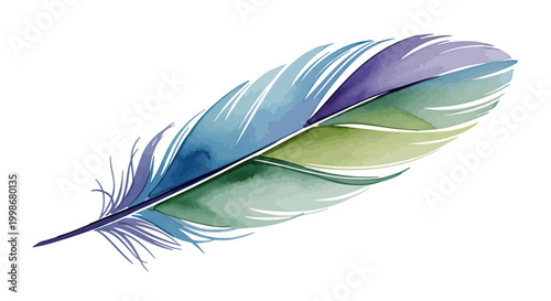Delicate watercolor feather with flowing blue, green, and purple hues on a white background