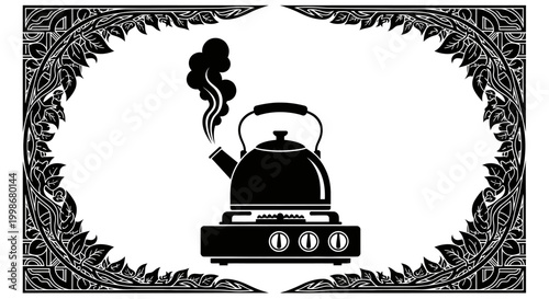 Silhouette of a steaming kettle on a stovetop within an ornate leafy border