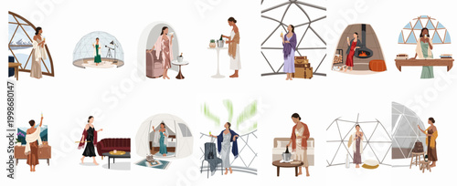 Elegant woman enjoying luxury glamping experiences in geodesic domes with champagne and scenic views, a set of modern flat illustrations.