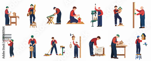 Vector set of male carpenters and hobbyists of different ages working with wood, building birdhouses, and using various workshop tools.