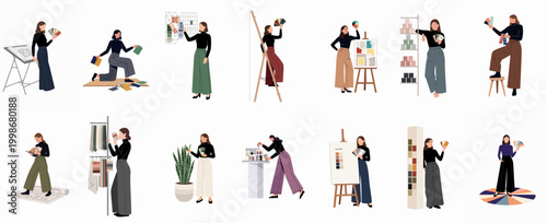 Collection of flat illustrations depicting a female interior designer and decorator working with color swatches, floor plans, fabrics, and decorative elements.