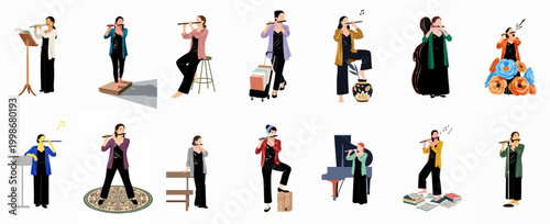 Diverse Collection of Flutist Illustrations Featuring a Woman Playing the Flute in Various Artistic Poses and Musical Settings