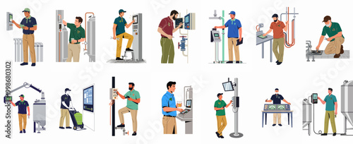 Flat vector illustrations of brewery workers operating industrial machinery, monitoring fermentation tanks, and managing beverage production processes in a modern factory setting.