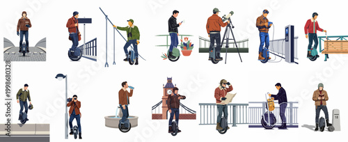 Collection of illustrations showing men using electric unicycles for various activities, including commuting, sightseeing, and charging in a modern urban environment.
