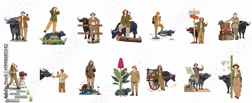 Vector illustration collection of travelers and explorers in safari gear interacting with water buffaloes, taking photos, and enjoying outdoor adventures in nature.