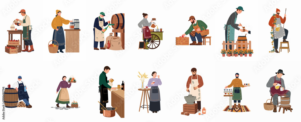 Fototapeta premium Set of illustrations featuring people engaged in traditional harvest, food production, and beverage preparation activities like cider making, winemaking, and brewing.